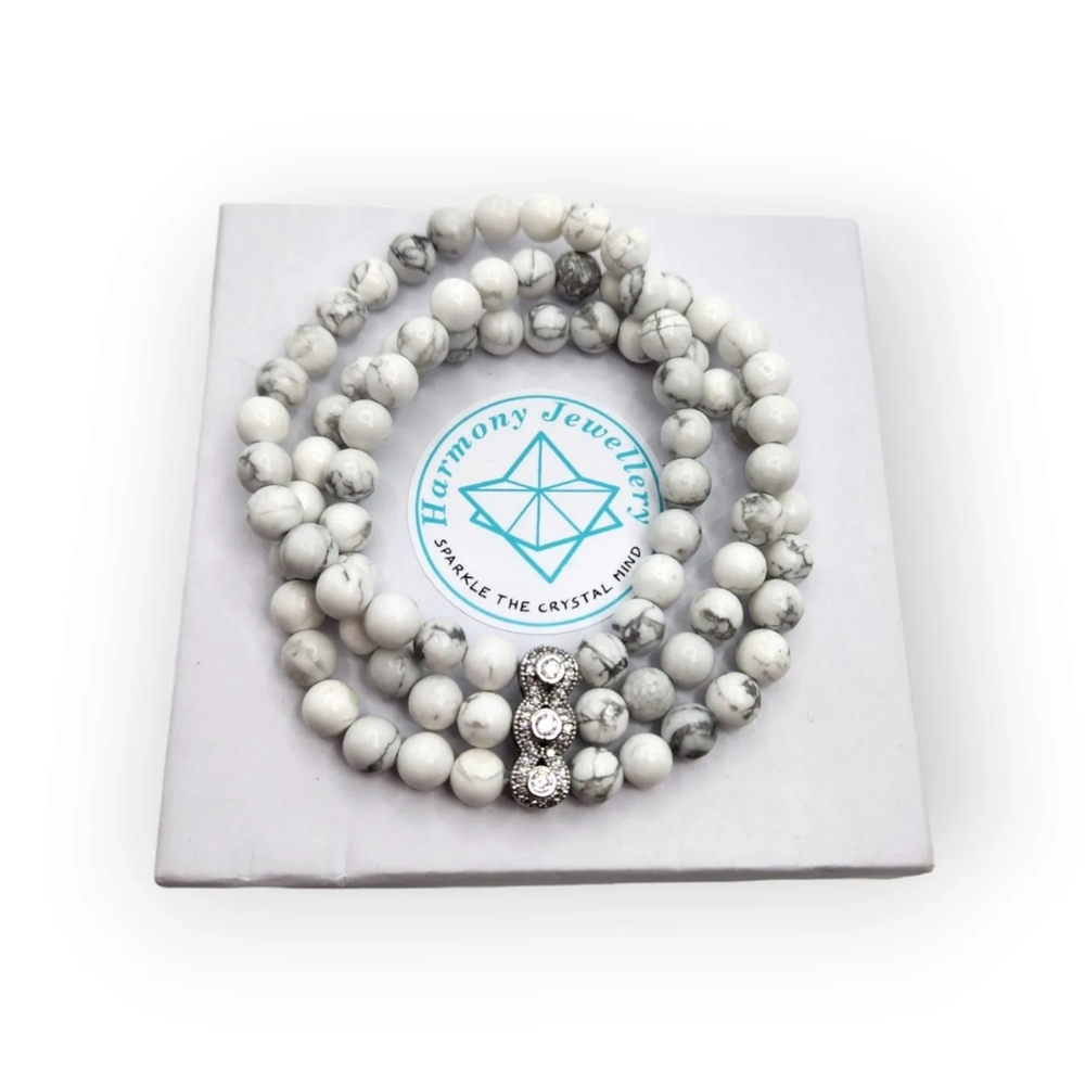 Howlite triple strand Zirconia Stainless steel bracelet 8 mm